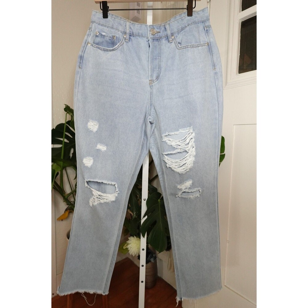 Forever 21 Women's Distressed Straight Leg Button Up Blue Denim Jeans Size 29